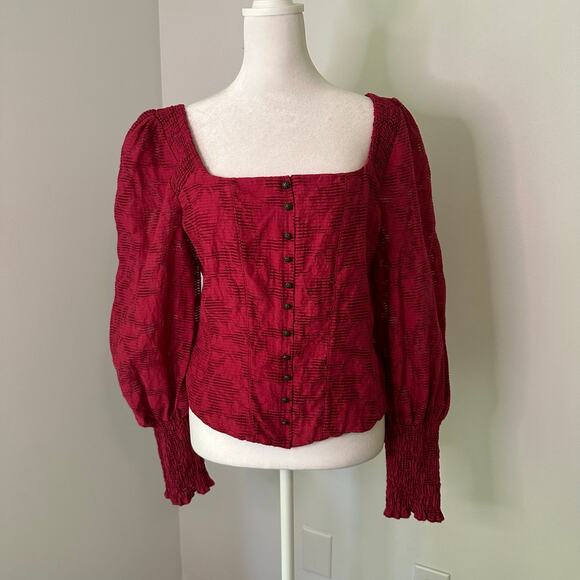 Anthropologie dark red off-the-shoulder long sleeve crop top size M - Picture 2 of 12